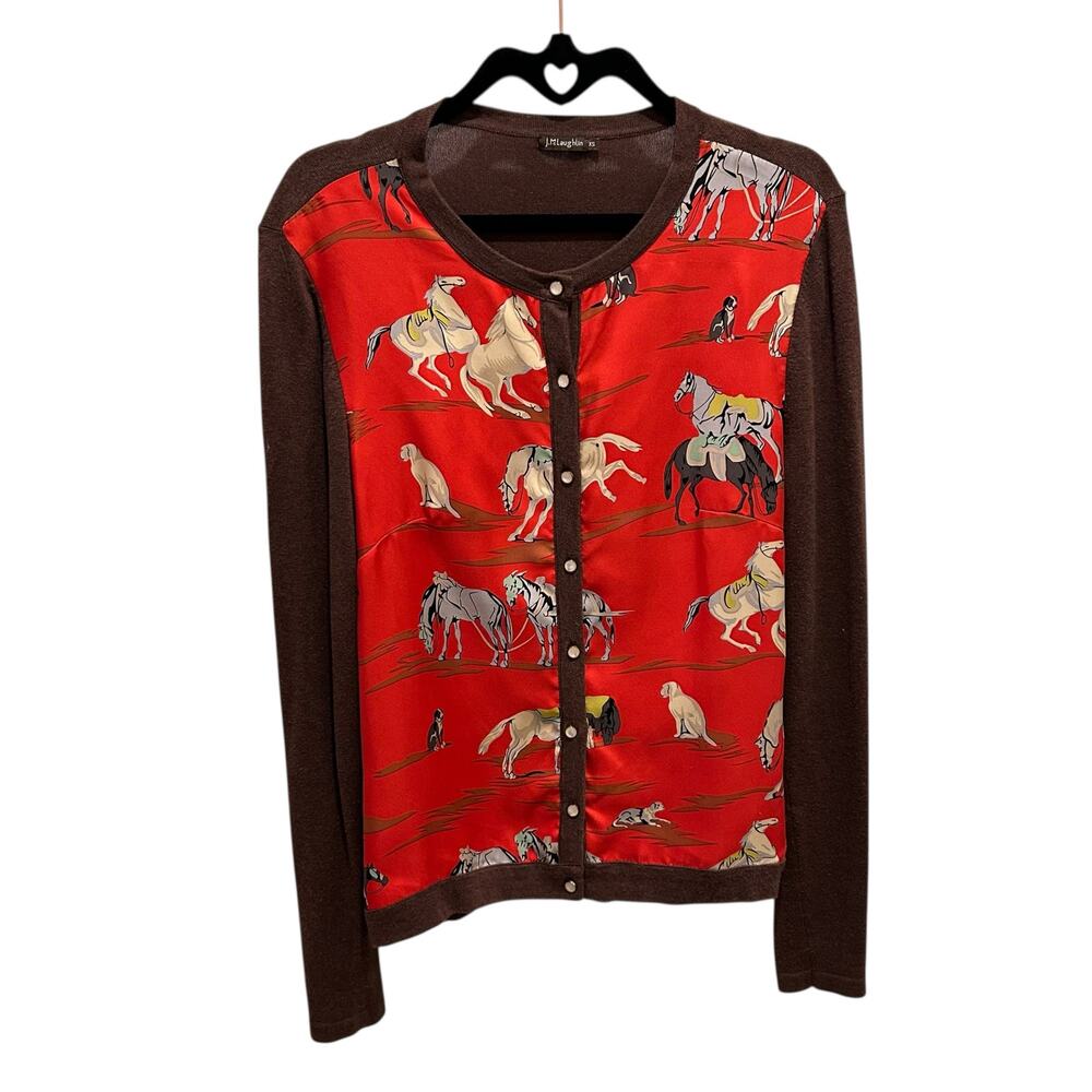 J. Mclaughlin Brown Red Equine Print Button Up Lo… - image 1